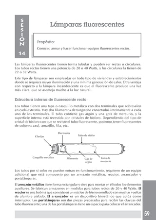 59
Lámparas fluorescentes
Propósito:
Conocer, armar y hacer funcionar equipos fluorescentes rectos.
S
E
S
I
Ó
N
14
Las lámparas fluorescentes tienen forma tubular y pueden ser rectas o circulares.
Los tubos rectos tienen una potencia de 20 o 40 Watts, y los circulares la tienen de
22 o 32 Watts.
Este tipo de lámparas son empleadas en todo tipo de viviendas y establecimientos
donde se requiera mayor iluminación y una mínima generación de calor. Otra ventaja
con respecto a la lámpara incandescente es que el fluorescente produce una luz
más clara, que se asemeja mucho a la luz natural.
Estructura interna de fluorescente recto
Los tubos tienen una tapa o casquillo metálico con dos terminales que sobresalen
en cada extremo. Hay dos filamentos de tungsteno conectados internamente a cada
uno de los terminales. El tubo contiene gas argón y una gota de mercurio, y la
superficie interna está revestida con cristales de fósforo. Dependiendo del tipo de
cristal de fósforo con que se reviste el tubo fluorescente, podemos tener fluorescentes
de colores: azul, amarillo, lila, etc.
Los tubos por sí solos no pueden entran en funcionamiento, requieren de un equipo
adicional que está compuesto por un armazón metálico, reactor, arrancador y
portalámparas.
El armazón metálico tiene forma rectangular y sirve para montar en él todos los elementos
auxiliares. Se fabrican armazones en medidas para tubos rectos de 20 y 40 Watts. El
reactor es una bobina que consiste en un núcleo de hierro enrollado con muchas vueltas
de alambre aislado. El arrancador es un dispositivo bimetálico que actúa como
interruptor. Los portalámparas son dos piezas preparadas para recibir las clavijas del
tubo fluorescente; una de las portalámparas tiene un espacio para colocar el arrancador.
Clavijas
Electrodos
Tubo de vidrio
Casquillo metálico Filamento Gas de
argón
Gota de
mercurio
 