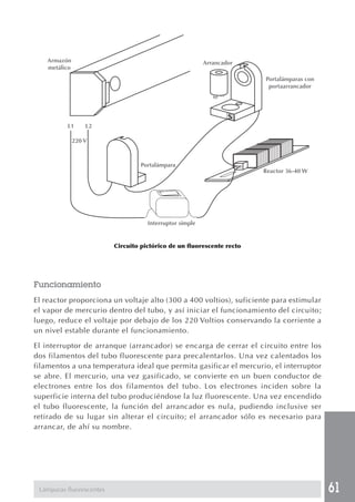 61
Circuito pictórico de un fluorescente recto
Funcionamiento
El reactor proporciona un voltaje alto (300 a 400 voltios), suficiente para estimular
el vapor de mercurio dentro del tubo, y así iniciar el funcionamiento del circuito;
luego, reduce el voltaje por debajo de los 220 Voltios conservando la corriente a
un nivel estable durante el funcionamiento.
El interruptor de arranque (arrancador) se encarga de cerrar el circuito entre los
dos filamentos del tubo fluorescente para precalentarlos. Una vez calentados los
filamentos a una temperatura ideal que permita gasificar el mercurio, el interruptor
se abre. El mercurio, una vez gasificado, se convierte en un buen conductor de
electrones entre los dos filamentos del tubo. Los electrones inciden sobre la
superficie interna del tubo produciéndose la luz fluorescente. Una vez encendido
el tubo fluorescente, la función del arrancador es nula, pudiendo inclusive ser
retirado de su lugar sin alterar el circuito; el arrancador sólo es necesario para
arrancar, de ahí su nombre.
Lámparas fluorescentes
Armazón
metálico
L1
220 V
L2
Arrancador
Portalámparas con
portaarrancador
Portalámpara
Reactor 36-40 W
Interruptor simple
 