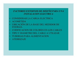 FACTORES EXTERNOS DE DISEÑO PARA UNA
         INSTALACION ELECTRICA
• CONSIDERAR LA CARGA ELECTRICA
• ACOMETIDA
• UBICACIÓN DE LA BASE DEL MEDIDOR DE
  ENERGIA
• CODIFICACION DE COLORES EN LOS CABLES
• TIPO Y DIAMETRO DEL CABLE A UTILIZAR
• TUBERIAS PARA ALIMENTACION
• ATERRIZAJE
 