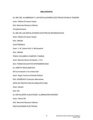 Secretaría Auxiliar de Desarrollo Académico
Versión 2001
15
BIBLIOGRAFÍA
EL ABC DEL ALUMBRADO Y LAS INSTALACIONES ELÉCTRICAS EN BAJA TENSIÓN
Autor: Gilberto Enríquez Harper
Edit. Macombo Boixareu Editores
Complementarios:
EL ABC DE LAS INSTALACIONES ELÉCTRICAS RESIDENCIALES
Autor: Gilberto Enríquez Harper
Edit. LIMUSA
ELECTRÓNICA
Autor: J. M. Calvert & M. A. McCausland
Edit. LIMUSA
FÍSICA VOLUMEN II CAMPOS Y ONDAS
Autor: Marcelo Alonso & Edward J. Finn
Edit. FONDO EDUCATIVO INTERAMERICANO
EL HÁBITAT BIOCLIMATICO
De la concepción a la construcción
Autor: Roger Camous & Donald Watson
Edit. GG/MÉXICO Colección Alternativas
ARTE DE PROYECTAR EN ARQUITECTURA
Autor: Neufert
Edit. GG
EL INSTALADOR CUALIFICADO “ILUMINACIÓN INTERNA”
Autor: Vittorio Re
Edit. Macombo Boixareu Editores
INSTALACIONES ELÉCTRICAS
 