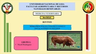 UNIVERSIDAD NACIONAL DE LOJA
FACULTAD AGROPECUARIA Y RECURSOS
NATURALES RENOVABLES
TEMA:PRINCIPALES CONSTRUCCIONES E
INSTALACIONES EN BOVINOS
MEDICINA VETERINARIA
BOVINOS
GRUPO 1:
• Nicoll Rodríguez
 