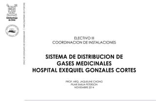 ELECTIVO III 
COORDINACION DE INSTALACIONES 
SISTEMA DE DISTRIBUCION DE 
GASES MEDICINALES 
HOSPITAL EXEQUIEL GONZALES CORTES 
PROF: ARQ. JAQUELINE CHONG 
PILAR EMILIA PETERSON 
NOVIEMBRE 2014 
 