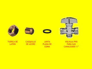 TUERCA DE   CASQUILLO    JUNTA      VÁLVULA PN5
  LATON     DE ACERO    PLANA DE     PARA GAS
                          GOMA     CANALIZADO ½”
 