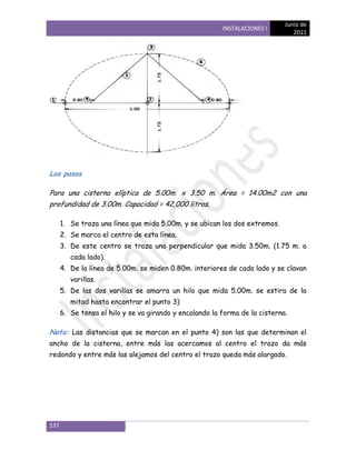 Junio de
                                                         INSTALACIONES I
                                                                                2011




Los pasos

Para una cisterna elíptica de 5.00m. x 3.50 m. Área = 14.00m2 con una
profundidad de 3.00m. Capacidad = 42,000 litros.

      1. Se traza una línea que mida 5.00m. y se ubican los dos extremos.
      2. Se marca el centro de esta línea.
      3. De este centro se traza una perpendicular que mida 3.50m. (1.75 m. a
         cada lado).
      4. De la línea de 5.00m. se miden 0.80m. interiores de cada lado y se clavan
         varillas.
      5. De las dos varillas se amarra un hilo que mida 5.00m. se estira de la
         mitad hasta encontrar el punto 3)
      6. Se tensa el hilo y se va girando y encalando la forma de la cisterna.

Nota: Las distancias que se marcan en el punto 4) son las que determinan el
ancho de la cisterna, entre más las acercamos al centro el trazo da más
redondo y entre más las alejamos del centro el trazo queda más alargado.




137
 