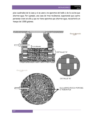 Junio de
                                                     INSTALACIONES I
                                                                            2011

pies cuadrados de la casa y si se usan o no aparatos del baño o de la cocina que
ahorren agua. Por ejemplo, una casa de tres recámaras, suponiendo que cuatro
personas viven en ella y que no tiene aparatos que ahorran agua, necesitaría un
tanque de 1.000 galones.




207
 