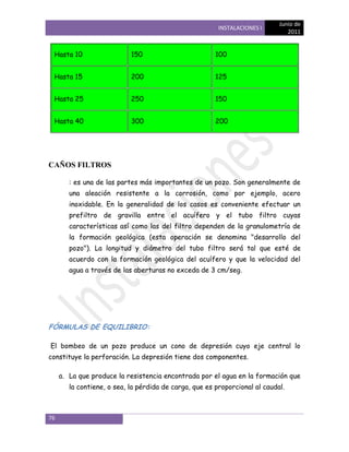 Junio de
                                                         INSTALACIONES I
                                                                                2011


 Hasta 10                   150                         100


 Hasta 15                   200                         125


 Hasta 25                   250                         150


 Hasta 40                   300                         200




CAÑOS FILTROS

        : es una de las partes más importantes de un pozo. Son generalmente de
        una aleación resistente a la corrosión, como por ejemplo, acero
        inoxidable. En la generalidad de los casos es conveniente efectuar un
        prefiltro de gravilla entre el acuífero y el tubo filtro cuyas
        características así como las del filtro dependen de la granulometría de
        la formación geológica (esta operación se denomina "desarrollo del
        pozo"). La longitud y diámetro del tubo filtro será tal que esté de
        acuerdo con la formación geológica del acuífero y que la velocidad del
        agua a través de las aberturas no exceda de 3 cm/seg.




FÓRMULAS DE EQUILIBRIO:

El bombeo de un pozo produce un cono de depresión cuyo eje central lo
constituye la perforación. La depresión tiene dos componentes.

     a. La que produce la resistencia encontrada por el agua en la formación que
        la contiene, o sea, la pérdida de carga, que es proporcional al caudal.



76
 