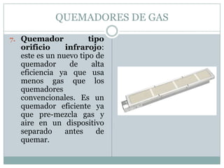 QUEMADORES DE GAS
7. Quemador

tipo
orificio
infrarojo:
este es un nuevo tipo de
quemador
de
alta
eficiencia ya que usa
menos gas que los
quemadores
convencionales. Es un
quemador eficiente ya
que pre-mezcla gas y
aire en un dispositivo
separado
antes
de
quemar.

 