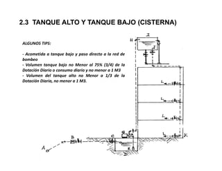 2.3 TANQUE ALTO Y TANQUE BAJO (CISTERNA)
ALGUNOS TIPS:
- Acometida a tanque bajo y paso directo a la red de
bombeo
- Volumen tanque bajo no Menor al 75% (3/4) de la
Dotación Diario o consumo diario y no menor a 1 M3
- Volumen del tanque alto no Menor a 1/3 de la
Dotación Diaria, no menor a 1 M3.
 