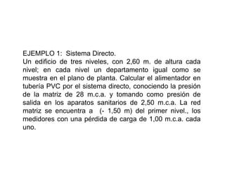 EJEMPLO 1: Sistema Directo.
Un edificio de tres niveles, con 2,60 m. de altura cada
nivel; en cada nivel un departamento igual como se
muestra en el plano de planta. Calcular el alimentador en
tubería PVC por el sistema directo, conociendo la presión
de la matriz de 28 m.c.a. y tomando como presión de
salida en los aparatos sanitarios de 2,50 m.c.a. La red
matriz se encuentra a (- 1,50 m) del primer nivel., los
medidores con una pérdida de carga de 1,00 m.c.a. cada
uno.
 