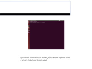 Ejecutamos el archivo binario con ./nombre_archivo. El punto significa el archivo
o fichero Y el eslash es el directorio actual.
 