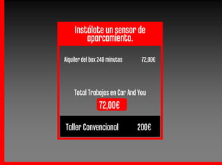 Instálate un sensor de
         aparcamiento.
Alquiler del box 240 minutos    72,00€



    Total Trabajos en Car And You
                72,00€
Taller Convencional
               v               200€
 