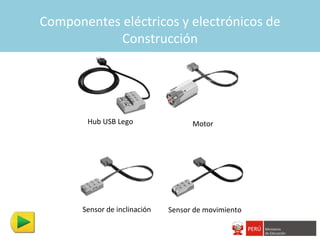 Componentes eléctricos y electrónicos de
            Construcción




        Hub USB Lego                 Motor




       Sensor de inclinación   Sensor de movimiento
 