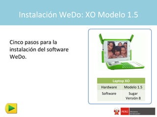 Instalación WeDo: XO Modelo 1.5


Cinco pasos para la
instalación del software
WeDo.


                                Laptop XO
                           Hardware   Modelo 1.5
                           Software    Sugar
                                      Versión 8
 