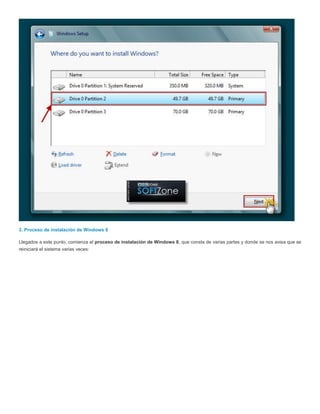 3. Proceso de instalación de Windows 8
Llegados a este punto, comienza el proceso de instalación de Windows 8, que consta de varias partes y donde se nos avisa que se
reiniciará el sistema varias veces:
 