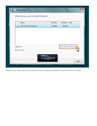 Pulsamos sobre “Nuevo” para crear una partición nueva en el espacio sin particionar de nuestro disco duro de 120 GB:
 