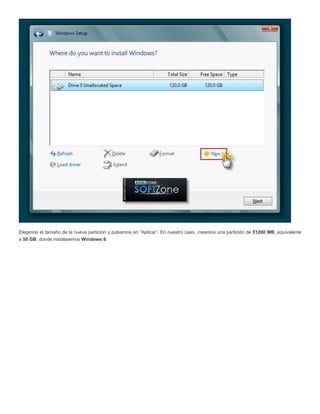 Elegimos el tamaño de la nueva partición y pulsamos en “Aplicar”. En nuestro caso, creamos una partición de 51200 MB, equivalente
a 50 GB, donde instalaremos Windows 8:
 
