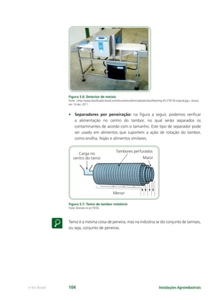 Menor
Maior
Tambores perfurados
Carga no
centro do tamiz
Instalações Agroindustriaise-Tec Brasil 104
Figura 5.6: Detector de metais
Fonte: <http://www.classiﬁcados-brasil.com/documents/admin/uploads/classiﬁeds/img-45-279176-original.jpg>.Acesso
em: 14 dez. 2011.
• Separadores por peneiração: na ﬁgura a seguir, podemos veriﬁcar
a alimentação no centro do tambor, no qual serão separados os
contaminantes de acordo com o tamanho. Este tipo de separador pode
ser usado em alimentos que suportem a ação de rotação do tambor,
como ervilha, feijão e alimentos similares.
Figura 5.7: Tamiz de tambor rotatório
Fonte: Brennân et al (1970).
Tamiz é a mesma coisa de peneira, mas na indústria se diz conjunto de tamises,
ou seja, conjunto de peneiras.
 