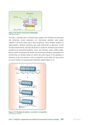 Alimentação
Peneiras
Base vibratória
e-Tec BrasilAula 5 – Instalações e equipamentos para indústria de processamento de frutas e hortaliças 107
Figura 5.10: Peneira horizontal multiestágios
Fonte: Fellows (2006).
Às vezes, a vibração não é suﬁciente para separar com eﬁciência as partículas
dos alimentos, sendo necessário um movimento giratório, para poder
espalhar o alimento sobre toda a área da peneira, como também quebrar os
aglomerados e deslocar partículas que estão obstruindo as aberturas. Como
foi dito anteriormente, esse tipo de peneira é usado em alimentos que tenham
resistência ao movimento giratório, como, por exemplo, nozes, ervilha, feijão,
dentre outros. As peneiras de tambor são de formato cilíndrico, elas podem ser
concêntricas, os cilindros estão um dentro do outro (Figura 5.10), paralelos, o
alimento sai de uma peneira e entra na seguinte, ou em série, em que consta
um único cilindro no qual possuem diferentes seções (Figura 5.11).
Figura 5.11: Peneiras de tambor. i: em série; ii: em paralelo
Fonte: Brennân et al (1970).
Menor
Carga
I
II
Maior
Menor
Maior
Carga
 