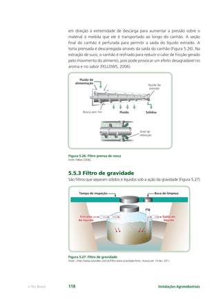 Fluido de
alimentação
Rosca sem ﬁm Fluido Sólidos
Ajuste da
pressão
Anel de
retenção
Tampa de inspeção Boca de limpeza
Instalações Agroindustriaise-Tec Brasil 118
em direção à extremidade de descarga para aumentar a pressão sobre o
material à medida que ele é transportado ao longo do canhão. A seção
ﬁnal do canhão é perfurada para permitir a saída do líquido extraído. A
torta prensada é descarregada através da saída do canhão (Figura 5.26). Na
extração de suco, o canhão é resfriado para reduzir o calor de fricção gerado
pelo movimento do alimento, pois pode provocar um efeito desagradável no
aroma e no sabor (FELLOWS, 2006).
Figura 5.26: Filtro prensa de rosca
Fonte: Fellow (2006).
5.5.3 Filtro de gravidade
São ﬁltros que separam sólidos e líquidos sob a ação da gravidade (Figura 5.27)
Figura 5.27: Filtro de gravidade
Fonte: <http://www.naturaltec.com.br/Filtro-Areia-Gravidade.html>.Acesso em: 14 dez. 2011.
 