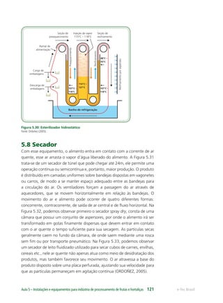 Banho de refrigeração
Preaquecimento
Resfriamento
Resfriamentoporaspersão
114°C –
127°C107°C–
118°C
Seção de
preaquecimento
Seção de
resfriamento
Injeção de vapor
115°C – 118°C
Ramal de
alimentação
Carga de
embalagens
Descarga de
embalagens 107°C–
118°C
88°C –
93°C
e-Tec BrasilAula 5 – Instalações e equipamentos para indústria de processamento de frutas e hortaliças 121
Figura 5.30: Esterilizador hidrostático
Fonte: Ordoñez (2005).
5.8 Secador
Com esse equipamento, o alimento entra em contato com a corrente de ar
quente, esse ar arrasta o vapor d’água liberado do alimento. A Figura 5.31
trata-se de um secador de túnel que pode chegar até 24m, ele permite uma
operação contínua ou semicontínua e, portanto, maior produção. O produto
é distribuído em camadas uniformes sobre bandejas dispostas em vagonetes
ou carros, de modo a se manter espaço adequado entre as bandejas para
a circulação do ar. Os ventiladores forçam a passagem do ar através de
aquecedores, que se movem horizontalmente em relação às bandejas. O
movimento do ar e alimento pode ocorrer de quatro diferentes formas:
concorrente, contracorrente, de saída de ar central e de ﬂuxo horizontal. Na
Figura 5.32, podemos observar primeiro o secador spray dry, consta de uma
câmara que possui um conjunto de aspersores, por onde o alimento irá ser
transformado em gotas ﬁnamente dispersas que devem entrar em contato
com o ar quente o tempo suﬁciente para sua secagem. As partículas secas
geralmente caem no fundo da câmara, de onde saem mediante uma rosca
sem ﬁm ou por transporte pneumático. Na Figura 5.33, podemos observar
um secador de leito ﬂuidizado utilizado para secar cubos de carnes, ervilhas,
cereais etc., nele ar quente não apenas atua como meio de desidratação dos
produtos, mas também favorece seu movimento. O ar atravessa a base do
produto disposto sobre uma placa perfurada, ajustando sua velocidade para
que as partículas permaneçam em agitação contínua (ORDOÑEZ, 2005).
 
