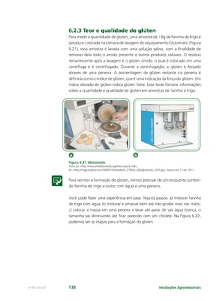 a b
Instalações Agroindustriaise-Tec Brasil 138
6.2.3 Teor e qualidade do glúten
Para medir a quantidade de glúten, uma amostra de 10g de farinha de trigo é
pesada e colocada na câmara de lavagem do equipamento Glutomatic (Figura
6.21), essa amostra é lavada com uma solução salina, com a ﬁnalidade de
remover dela todo o amido presente e outros produtos solúveis. O resíduo
remanescente após a lavagem é o glúten úmido, o qual é colocado em uma
centrífuga e é centrifugado. Durante a centrifugação, o glúten é forçado
através de uma peneira. A porcentagem de glúten restante na peneira é
deﬁnida como o índice de glúten, que é uma indicação da força do glúten. Um
índice elevado de glúten indica glúten forte. Esse teste fornece informações
sobre a quantidade e qualidade de glúten em amostras de farinha e trigo.
Figura 6.21: Glutomatic
Fonte: (a) <http://www.wheatﬂourbook.org/Main.aspx?p=68>;
(b) <http://image.tradevv.com/2009/01/04/seedtech_219634_600/glutomatic-2200.jpg>.Acesso em: 22 set. 2011.
Para vermos a formação do glúten, iremos precisar de um recipiente conten-
do farinha de trigo e outro com água e uma peneira.
Você pode fazer uma experiência em casa. Veja os passos: a) misturar farinha
de trigo com água; b) misturar e amassar bem até não grudar mais nas mãos;
c) colocar a massa em uma peneira e lavar até parar de sair água branca, o
tamanho vai diminuindo até ﬁcar parecido com um chiclete. Na Figura 6.22,
podemos ver as etapas para a formação do glúten.
 