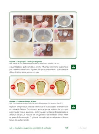 e-Tec BrasilAula 6 – Instalações e equipamentos para indústria de paniﬁcação 139
Figura 6.22: Etapas para a formação do glúten
Fonte:Adaptado de: <http://www.rainhasdolar.com/index.php?itemid=4593>.Acesso em: 22 set. 2011
A quantidade de glúten úmido da farinha inﬂuencia fortemente o volume do
pão. Podemos observar na Figura 6.23 que quanto maior a quantidade de
glúten úmido maior o volume do pão.
Figura 6.23: Diversos volumes de pães
Fonte: <http://www.perten.com/pages/ProductPage.aspx?id=82&epslanguage=EN>.Acesso em: 22 set. 2011.
O glúten é responsável pelas características de elasticidade e extensibilidade
da massa da farinha. É constituído, em sua grande maioria, das principais
proteínas do trigo, a gliadina e a glutenina, apresenta grande capacidade de
absorção de água, é insolúvel em solução salina de cloreto de sódio e retém
os gases da fermentação. O glúten é formado pelo entrelaçamento de pro-
teínas, tal qual uma rede.
 