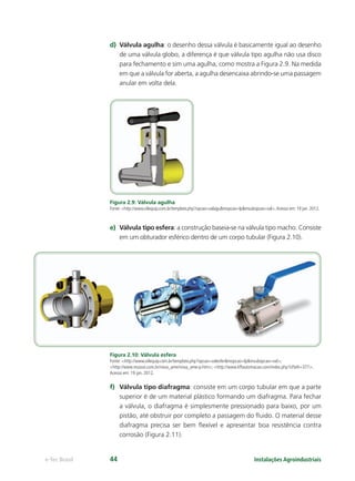 Instalações Agroindustriaise-Tec Brasil 44
d) Válvula agulha: o desenho dessa válvula é basicamente igual ao desenho
de uma válvula globo, a diferença é que válvula tipo agulha não usa disco
para fechamento e sim uma agulha, como mostra a Figura 2.9. Na medida
em que a válvula for aberta, a agulha desencaixa abrindo-se uma passagem
anular em volta dela.
Figura 2.9: Válvula agulha
Fonte: <http://www.oilequip.com.br/template.php?opcao=valagu&mopcao=lp&msubopcao=val>.Acesso em: 19 jan. 2012.
e) Válvula tipo esfera: a construção baseia-se na válvula tipo macho. Consiste
em um obturador esférico dentro de um corpo tubular (Figura 2.10).
Figura 2.10: Válvula esfera
Fonte: <http://www.oilequip.com.br/template.php?opcao=valesfer&mopcao=lp&msubopcao=val>;
<http://www.mussoi.com.br/nova_ame/nova_ame-p.htm>; <http://www.kffautomacao.com/index.php?cPath=377>.
Acesso em: 19 jan. 2012.
f) Válvula tipo diafragma: consiste em um corpo tubular em que a parte
superior é de um material plástico formando um diafragma. Para fechar
a válvula, o diafragma é simplesmente pressionado para baixo, por um
pistão, até obstruir por completo a passagem do ﬂuido. O material desse
diafragma precisa ser bem ﬂexível e apresentar boa resistência contra
corrosão (Figura 2.11).
 