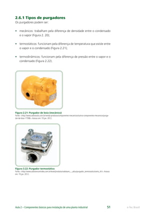 e-Tec BrasilAula 2 – Componentes básicos para instalação de uma planta industrial 51
2.6.1 Tipos de purgadores
Os purgadores podem ser:
• mecânicos: trabalham pela diferença de densidade entre o condensado
e o vapor (Figura 2. 20);
• termostáticos: funcionam pela diferença de temperatura que existe entre
o vapor e o condensado (Figura 2.21);
• termodinâmicos: funcionam pela diferença de pressão entre o vapor e o
condensado (Figura 2.22).
Figura 2.21: Purgador de boia (mecânico)
Fonte: <http://www.solostocks.com.br/venda-produtos/componentes-mecanicos/outros-componentes-mecanicos/purga-
dor-de-boia-17598>.Acesso em: 19 jan. 2012.
Figura 3.22: Purgador termostático
Fonte: <http://www.solutioncontroles.com.br/teste/produtos/valsteam_-_adca/purgador_termostatico/serie_th/>.Acesso
em: 19 jan. 2012.
 
