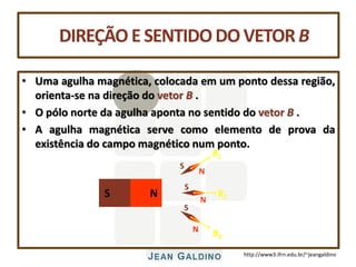 http://www3.ifrn.edu.br/~jeangaldino
DIREÇÃOE SENTIDODOVETORB
• Uma agulha magnética, colocada em um ponto dessa região,
orienta-se na direção do vetor B .
• O pólo norte da agulha aponta no sentido do vetor B .
• A agulha magnética serve como elemento de prova da
existência do campo magnético num ponto.
N
S
N
S
N
S
N
S
B1
B2
B3
 