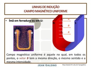 http://www3.ifrn.edu.br/~jeangaldino
LINHASDEINDUÇÃO
CAMPOMAGNÉTICOUNIFORME
• Ímã em ferradura ou em U:
Campo magnético uniforme é aquele no qual, em todos os
pontos, o vetor B tem a mesma direção, o mesmo sentido e a
mesma intensidade.
N S
P1 B
P2 B
P3 B
 