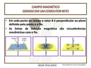 http://www3.ifrn.edu.br/~jeangaldino
CAMPOMAGNÉTICO
GERADOEMUMCONDUTORRETO
• Em cada ponto do campo o vetor B é perpendicular ao plano
definido pelo ponto e o fio.
• As linhas de indução magnética são circunferências
concêntricas com o fio.
Limalha
de ferro
Condutor
 