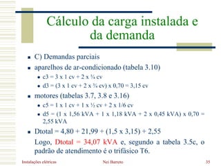 Instalações elétricas Nei Barreto 35
 C) Demandas parciais
 aparelhos de ar-condicionado (tabela 3.10)
 c3 = 3 x 1 cv +...