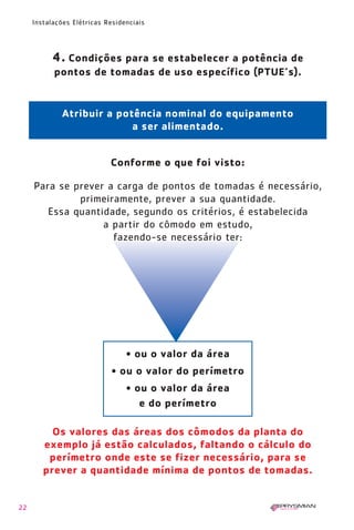 22
Instalações Elétricas Residenciais
4. Condições para se estabelecer a potência de
pontos de tomadas de uso específico (PTUE’s).
Os valores das áreas dos cômodos da planta do
exemplo já estão calculados, faltando o cálculo do
perímetro onde este se fizer necessário, para se
prever a quantidade mínima de pontos de tomadas.
• ou o valor da área
• ou o valor do perímetro
• ou o valor da área
e do perímetro
Para se prever a carga de pontos de tomadas é necessário,
primeiramente, prever a sua quantidade.
Essa quantidade, segundo os critérios, é estabelecida
a partir do cômodo em estudo,
fazendo-se necessário ter:
Conforme o que foi visto:
Atribuir a potência nominal do equipamento
a ser alimentado.
1630 IER 14X21 ok 20.12.2006 17:56 Page 22
 