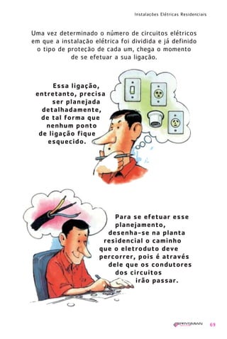 Instalações Elétricas Residenciais
69
Uma vez determinado o número de circuitos elétricos
em que a instalação elétrica foi dividida e já definido
o tipo de proteção de cada um, chega o momento
de se efetuar a sua ligação.
Essa ligação,
entretanto, precisa
ser planejada
detalhadamente,
de tal forma que
nenhum ponto
de ligação fique
esquecido.
Para se efetuar esse
planejamento,
desenha-se na planta
residencial o caminho
que o eletroduto deve
percorrer, pois é através
dele que os condutores
dos circuitos
irão passar.
1630 IER 14X21 ok 20.12.2006 17:57 Page 69
 
