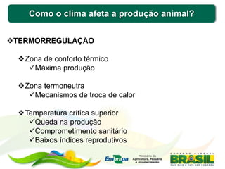 Como o clima afeta a produção animal?
TERMORREGULAÇÃO
Zona de conforto térmico
Máxima produção
Zona termoneutra
Mecanismos de troca de calor
Temperatura crítica superior
Queda na produção
Comprometimento sanitário
Baixos índices reprodutivos
 