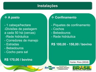 Instalações
 A pasto
- 1 cabeça/hectare
-Divisões de pastagem
a cada 50 há (cercas)
-Rede hidráulica
- Corredores de manejo
- Estradas
- Bebedouros
- Cocho para sal
R$ 170,00 / bovino
 Confinamento
- Piquetes de confinamento
- Cochos
- Bebedouros
- Rede hidráulica
R$ 100,00 - 150,00 / bovino
Fonte: Pires (2010)
 
