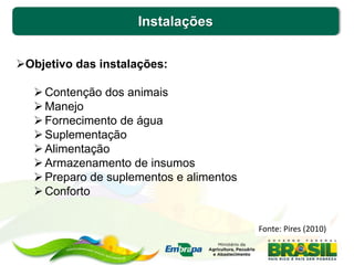 Instalações
Objetivo das instalações:
Contenção dos animais
Manejo
Fornecimento de água
Suplementação
Alimentação
Armazenamento de insumos
Preparo de suplementos e alimentos
Conforto
Fonte: Pires (2010)
 