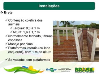 Instalações
 Brete
 Contenção coletiva dos
animais
Largura: 0,6 a 1 m
Altura: 1,6 a 1,7 m
 Normalmente fechado, tábuas
espessas
 Manejo por cima
 Plataformas laterais (ou lado
esquerdo), com 1 m de altura
 Se vazado: sem plataformas
 