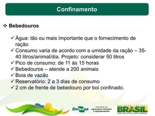 Confinamento
 Bebedouros
 Água: tão ou mais importante que o fornecimento de
ração
 Consumo varia de acordo com a umidade da ração – 35-
40 litros/animal/dia. Projeto: considerar 50 litros
 Pico de consumo: de 11 às 15 horas
 Bebedouros – atende a 200 animais
 Boia de vazão
 Reservatório: 2 a 3 dias de consumo
 2 cm de frente de bebedouro por boi confinado.
 