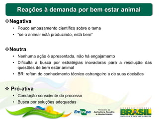 Reações à demanda por bem estar animal
Negativa
• Pouco embasamento científico sobre o tema
• “se o animal está produzindo, está bem”
Neutra
• Nenhuma ação é apresentada, não há engajamento
• Dificulta a busca por estratégias inovadoras para a resolução das
questões de bem estar animal
• BR: refém do conhecimento técnico estrangeiro e de suas decisões
 Pró-ativa
• Condução consciente do processo
• Busca por soluções adequadas
 