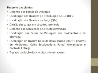 Desenho das plantas: 
• Desenho dos pontos de utilização 
• Localização dos Quadros de Distribuição de Luz (QLs) 
• Localização dos Quadros de Força (QFs) 
• Divisão das cargas em circuitos terminais 
• Desenho das tubulações de circuitos terminais 
• Localização das Caixas de Passagem dos pavimentos e da 
prumada 
• Localização do Quadro Geral de Baixa Tensão (QGBT), Centros 
de Medidores, Caixa Seccionadora, Ramal Alimentador e 
Ponto de Entrega 
• Traçado da fiação dos circuitos alimentadores 
 