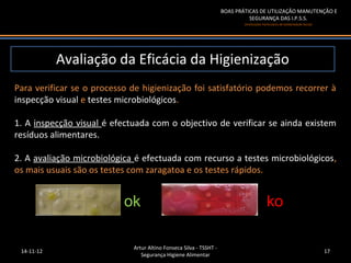 BOAS PRÁTICAS DE UTILIZAÇÃO MANUTENÇÃO E
                                                                              SEGURANÇA DAS I.P.S.S.
                                                                            (Instituições Particulares de Solidariedade Social)




            Avaliação da Eficácia da Higienização
Para verificar se o processo de higienização foi satisfatório podemos recorrer à
inspecção visual e testes microbiológicos.

1. A inspecção visual é efectuada com o objectivo de verificar se ainda existem
resíduos alimentares.

2. A avaliação microbiológica é efectuada com recurso a testes microbiológicos,
os mais usuais são os testes com zaragatoa e os testes rápidos.


                           ok                                                               ko

                             Artur Altino Fonseca Silva - TSSHT -
 14-11-12                                                                                                                         17
                                Segurança Higiene Alimentar
 