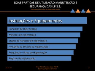 BOAS PRÁTICAS DE UTILIZAÇÃO MANUTENÇÃO E
                     SEGURANÇA DAS I.P.S.S.
                        (Instituições Particulares de Solidariedade Social)




   Instalações e Equipamentos
    Princípios de Higienização

    Métodos de Higienização

    Etapas do Processo de Higienização

    Avaliação da Eficácia da Higienização

    Frequência – Plano de Higienização

    Registos de Higienização


                                 Artur Altino Fonseca Silva - TSSHT -
14-11-12                                                                      2
                                    Segurança Higiene Alimentar
 