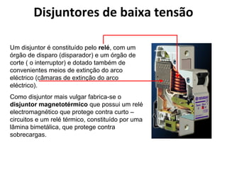 Disjuntores de baixa tensão

Um disjuntor é constituído pelo relé, com um
órgão de disparo (disparador) e um órgão de
corte ( o interruptor) e dotado também de
convenientes meios de extinção do arco
eléctrico (câmaras de extinção do arco
eléctrico).
Como disjuntor mais vulgar fabrica-se o
disjuntor magnetotérmico que possui um relé
electromagnético que protege contra curto –
circuitos e um relé térmico, constituído por uma
lâmina bimetálica, que protege contra
sobrecargas.
 