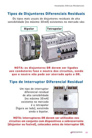 Instalações Elétricas Residenciais
39
Os tipos mais usuais de disjuntores residuais de alta
sensibilidade (no máximo 30mA) existentes no mercado são:
Tipos de Disjuntores Diferenciais Residuais
NOTA: interruptores DR devem ser utilizados nos
circuitos em conjunto com dispositivos a sobrecorrente
(disjuntor ou fusível), colocados antes do interruptor DR.
Bipolar Tetrapolar
NOTA: os disjuntores DR devem ser ligados
aos condutores fase e neutro dos circuitos, sendo
que o neutro não pode ser aterrado após o DR.
Tipo de Interruptor Diferencial Residual
Um tipo de interruptor
diferencial residual
de alta sensibilidade
(no máximo 30mA)
existente no mercado
é o tetrapolar
(figura ao lado), existindo
ainda o bipolar.
1630 IER 14X21 ok 20.12.2006 17:56 Page 39
 