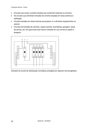 Instalações elétricas - Prática



•    Circuitos que sirvam a pontos situados que contenham banheira ou chuveiro.
•    Os circuitos que alimentam tomadas de corrente situadas em áreas externas à
     edificação.
•    Circuitos situados em áreas internas que possam vir a alimentar equipamentos no
     exterior.
•    Circuitos de tomadas de cozinhas, copas-cozinhas, lavanderias, garagens, áreas
     de serviço, etc. Em geral todo local interno molhado em uso normal ou sujeito a
     lavagens.




Exemplo de circuito de distribuição monofásico protegido por disjuntor termomagnético




20                                  SENAI-SP - INTRANET
 