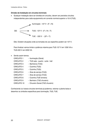 Instalações elétricas - Prática



Divisão da Instalação em circuitos terminais
•    Qualquer instalação deve ser dividida em circuitos, devem ser previstos circuitos
     independentes para cada equipamento em corrente nominal superior a 10 A (TUE).


                                       Iluminação - 127 V - (F + N)



      QG                               TUG - 127 V - (F + N + T)


                                       TUE - 220 V - (2F + T)


     Obs: Existem situações onde as tomadas de uso específico podem ser 127 V.


     Para finalizar vamos limitar a potência máxima para TUG 127 V em 1200 VA e
     TUG 220 V em 2200 VA.


•    Sendo assim temos:
     CIRCUITO 1                   - Iluminação (Geral)
     CIRCUITO 2                   - TUG sala - quarto - suíte - hall
     CIRCUITO 3                   - Banheiros (TUG)
     CIRCUITO 4                   - Cozinha (TUG)
     CIRCUITO 5                   - Cozinha (TUG)
     CIRCUITO 6                   - Área de serviço (TUG)
     CIRCUITO 7                   - Área de serviço (TUG)
     CIRCUITO 8                   - Cozinha (TUE torneira)
     CIRCUITO 9                   - Banheiro (TUE chuveiro)
     CIRCUITO 10                  - Chuveiro Social (TUE chuveiro)


Conhecendo os nossos circuitos terminais já podemos, retomar a planta baixa e
desenhar os símbolos específicos para iluminação, TUG, TUE.




22                                            SENAI-SP - INTRANET
 