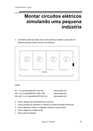 Instalações elétricas - Prática




                 Montar circuitos elétricos
                  simulando uma pequena
                                  indústria

a. Considere quatro bancadas como sendo postos de trabalho, cada posto de
     trabalho-bancada, deverá simular uma máquina.




Dados:


M1 - 10 cv/4 pólos/60Hz/FP 0,8/n 0,9                (alimentador A1)
M2 - 5 cv/ 2 pólos/60Hz/FP 0,85/n 0,89              (alimentador A2)
M3 e M4 - 3 cv/ 4 pólos/60Hz/FP 0,9/n 0,9           (alimentador A3)


b. Faça o cálculo dos alimentadores por corrente.
c. Faça a medição do ambiente e o cálculo por queda de tensão admissível.
d. Faça o diagrama unifilar da instalação utilizando a planta baixa.
e. Faça o diagrama multifilar do QF.
f.   Faça a lista de material.




                                   SENAI-SP - INTRANET                      57
 