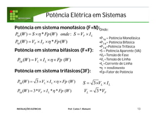 Potência Elétrica em SistemasPotência Elétrica em Sistemas
Potência em sistema monofásico (F+N):
Potência em sistema bifásicos (F+F):
Potência em sistema trifásicos(3F):
13
1
1
( ) * ( ) :
( ) * ( )
F L
F F
P W S Fp W onde S V I
P W V I Fp W




   
  
2 ( ) ( )L LP W V I Fp W    
3 ( ) 3 ( )L LP W V I Fp W     
Onde:
•P1ϕ = Potência Monofásica
•P2 ϕ= Potência Bifásica
•P3 ϕ=Potência Trifásica
•S = Potência Aparente (VA)
•VF=Tensão de Fase
•VL=Tensão de Linha
•IL=Corrente de Linha
•η = rendimento
•Fp=Fator de Potência
3 ( ) 3* * * ( )F LP W V I Fp W   3*L FV V
3 L LS V I  
INSTALAÇÕES ELÉTRICAS Prof. Carlos T. Matsumi
 