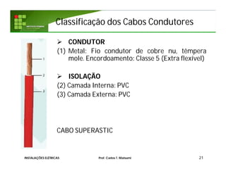 Classificação dos Cabos CondutoresClassificação dos Cabos Condutores
 CONDUTOR
(1) Metal: Fio condutor de cobre nu, têmpera
mole. Encordoamento: Classe 5 (Extra flexível)
 ISOLAÇÃO
(2) Camada Interna: PVC
(3) Camada Externa: PVC
CABO SUPERASTIC
21INSTALAÇÕES ELÉTRICAS Prof. Carlos T. Matsumi
 